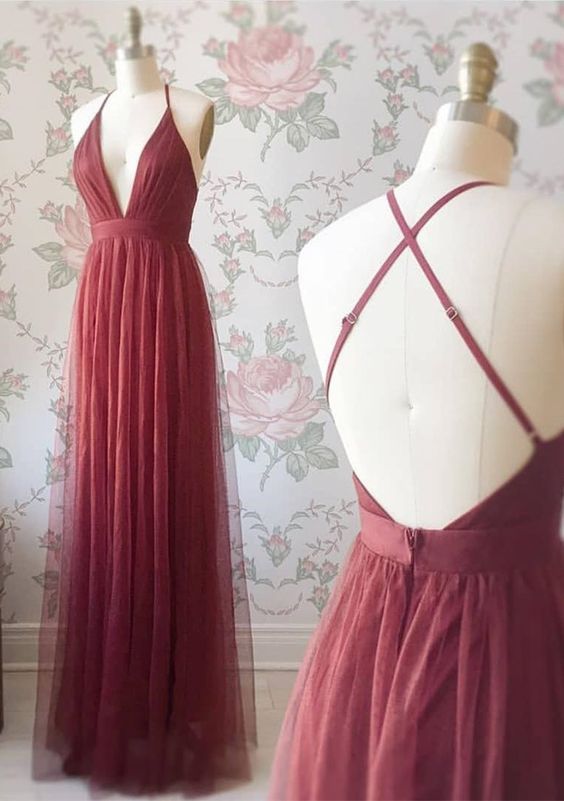 Simply Sexy Deep V Neck Burgundy Long Party Dress on Luulla