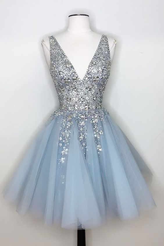 V-Neck Light Sky Blue Homecoming Dress With Sequins on Luulla