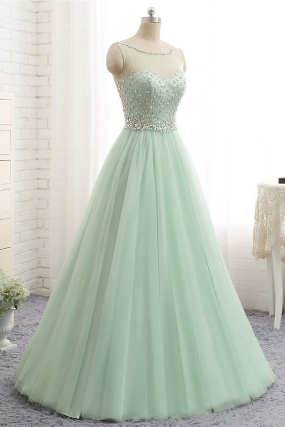 Light Green Tulle Long Shinny A-line Beaded Prom Dress on Luulla