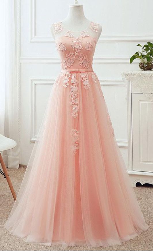 Simple Pink Sleeveless Prom Dress,Applique Round Neck Lace Up Prom ...