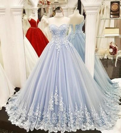 Light Blue Tulle Sweetheart Long 3D Flowers Sweet 16 Dress, Quinceanera ...