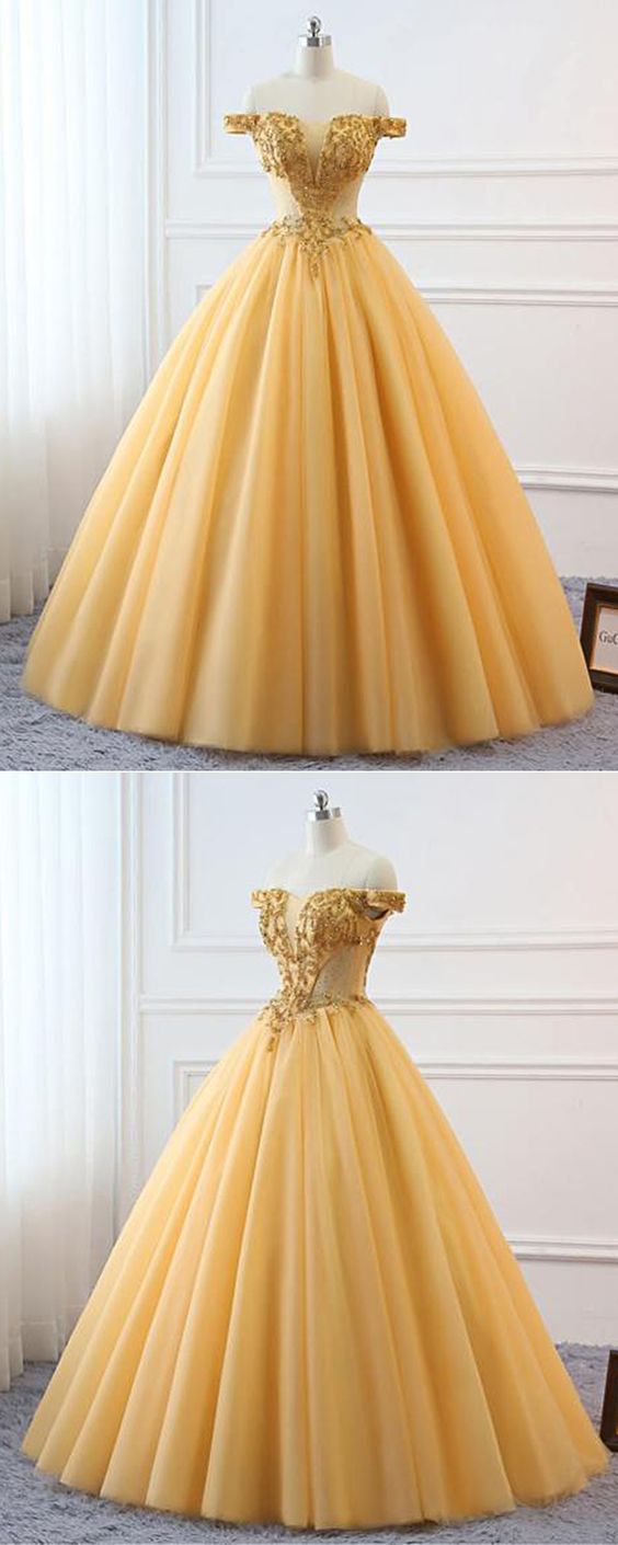 Gold Tulle Off Shoulder Corset Custom Size Prom Dress, Beaded ...