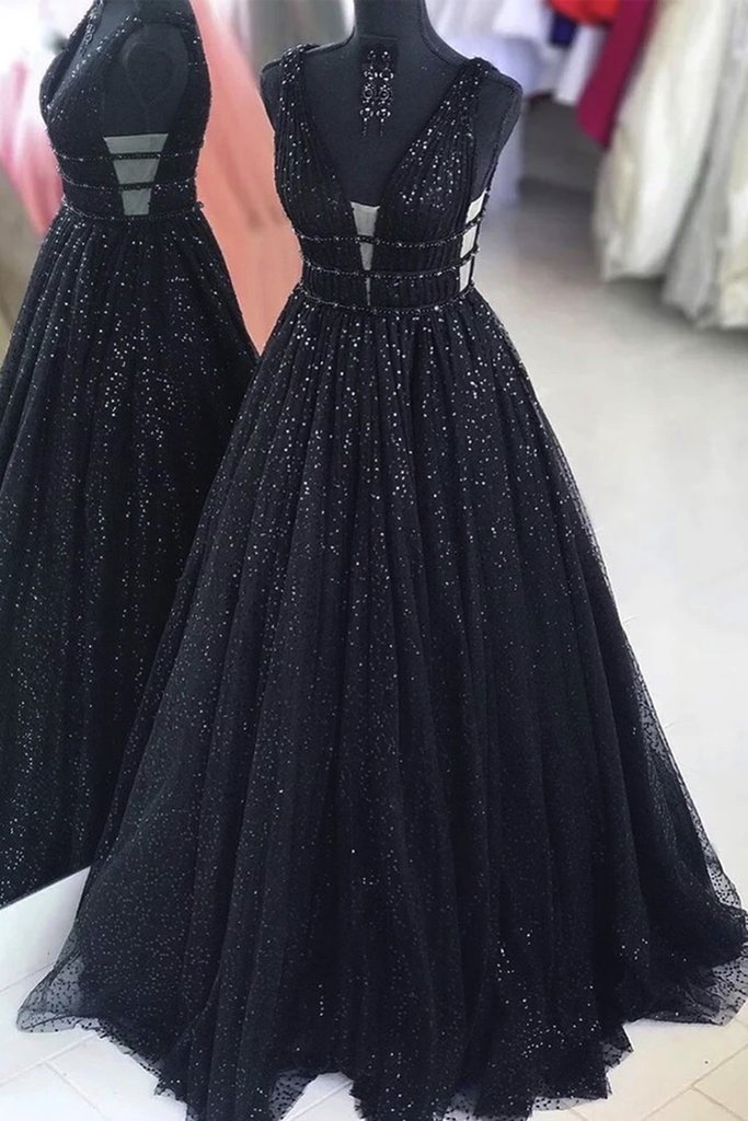 Black Tulle Sequins Dress Long A Line Formal Prom Dresses on Luulla