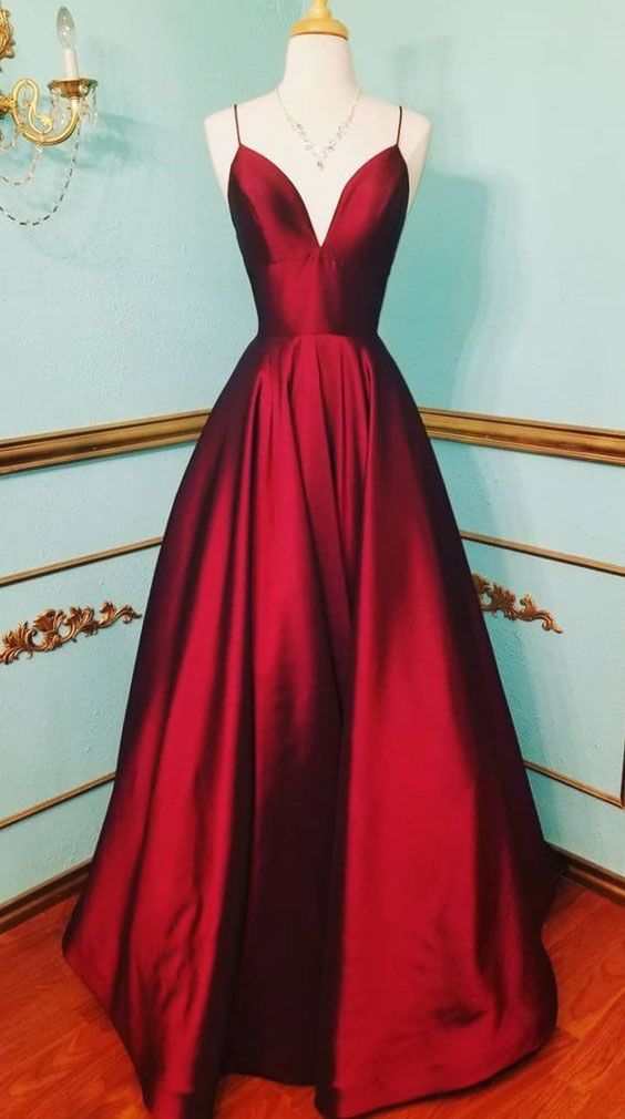 A Line V Neck Dark Red Long Prom Dresses, Simple Prom Dresses on Luulla