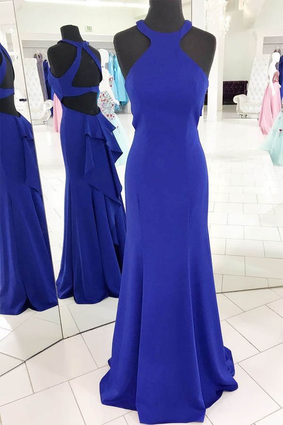 Blue V Neck Halter Mermaid Chiffon Long Prom Dress Vintage Party Dress, DP4790