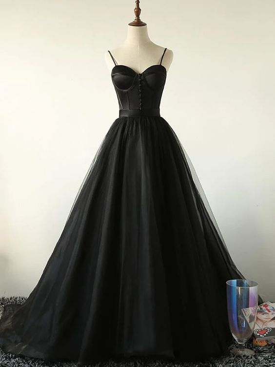 Elegant Black Straps Tulle Prom Dress on Luulla