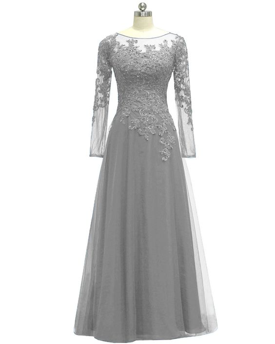 Grey Tulle Lace Prom Dress With Sleeves on Luulla