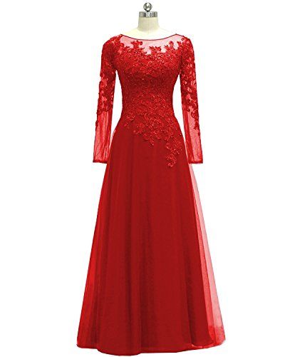 Red Tulle Lace Prom Dress With Sleeves on Luulla