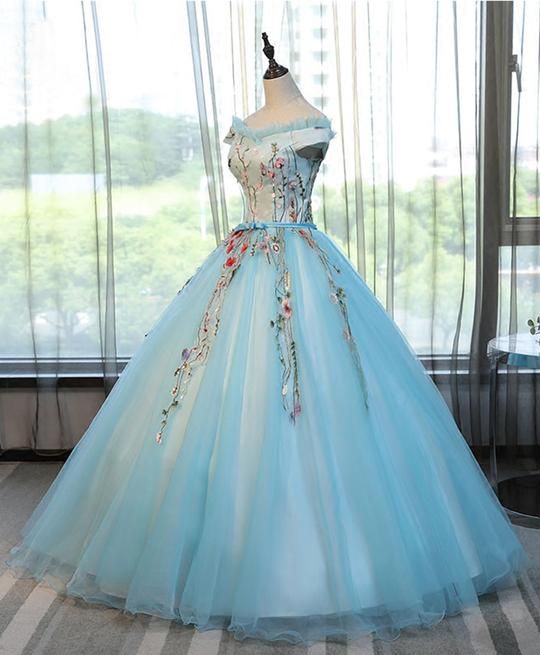 Light Blue Tulle A-Line Evening Dress With Flower Applique on Luulla