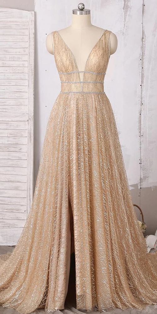 A-line Deep V-neck Sleeveless Sequins Floor-length Prom Dresses on Luulla