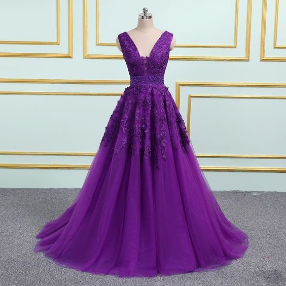 V Neck Purple Tulle Lace Prom Dress on Luulla