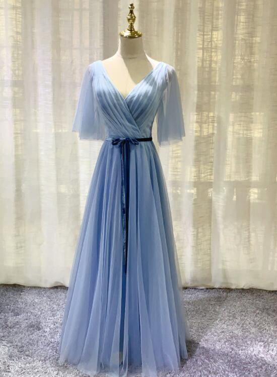 Elegant Blue Long Sleeves A-Line Long Formal Evening Party Dresses, DP5623 main image 1