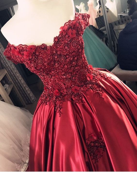 Lace Appliques Beaded Prom Dresses Ball Gowns ,Burgundy Prom Dresses on