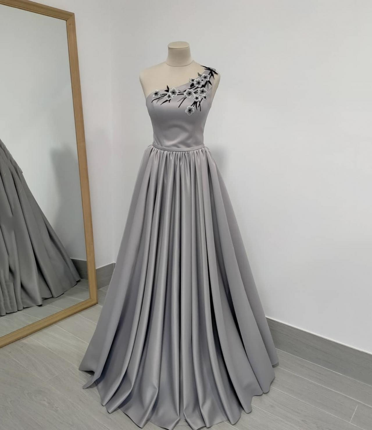 Gray Satin Long Prom Dress One Shoulder Evening Dress on Luulla