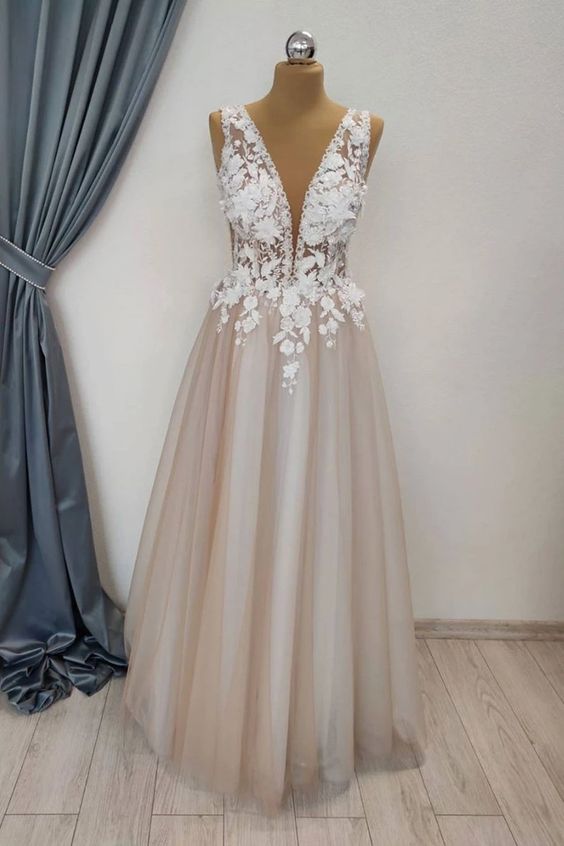 A Line V Neck Appliques White Lace Prom Dress on Luulla