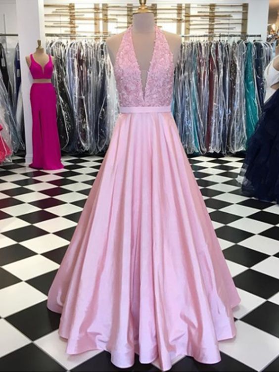 Halter Neck Red Gray Pink Ruffle Lace Prom Dresses, Halter Neck Lace Formal Evening Dresses