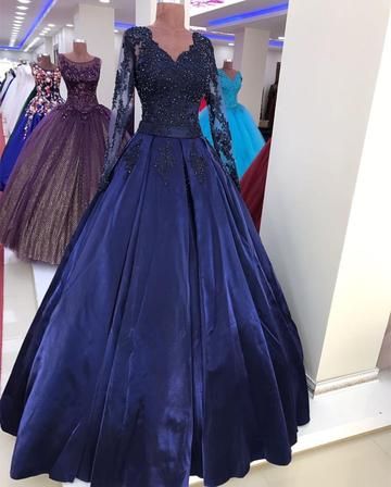Navy Blue Satin Ball Gown Prom Dresses Lace Long Sleeves on Luulla