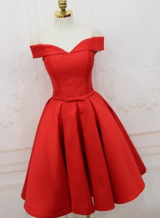 Red Satin Knee Length Party Dress, Beautiful Formal Dress, Red