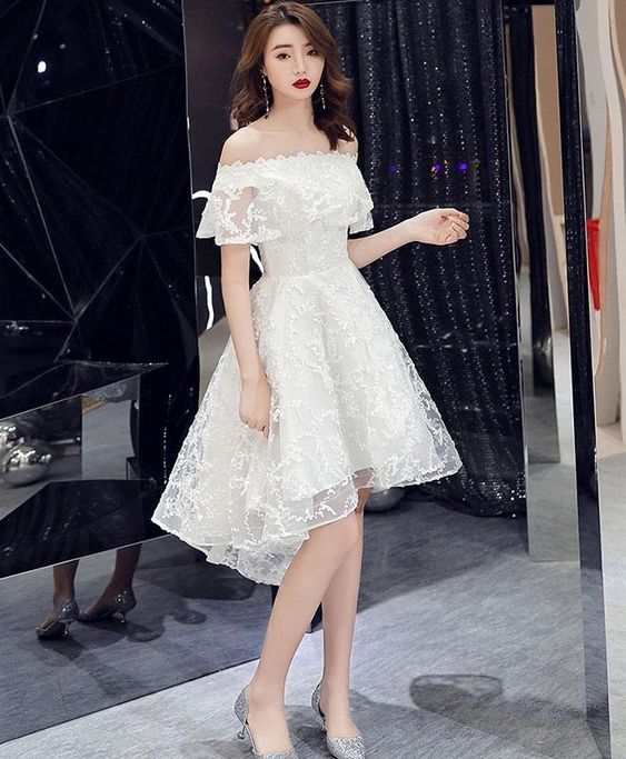 White Off Shoulder Lace Short Prom Dress on Luulla