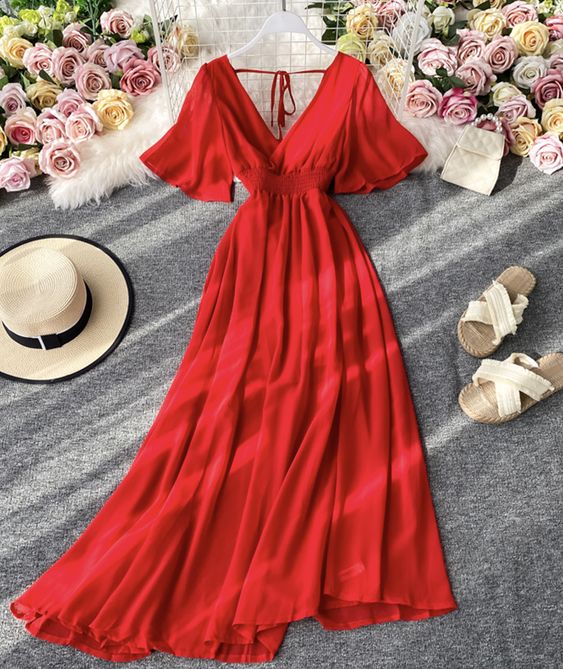 Red V Neck Chiffon Dress Fashion Dress on Luulla