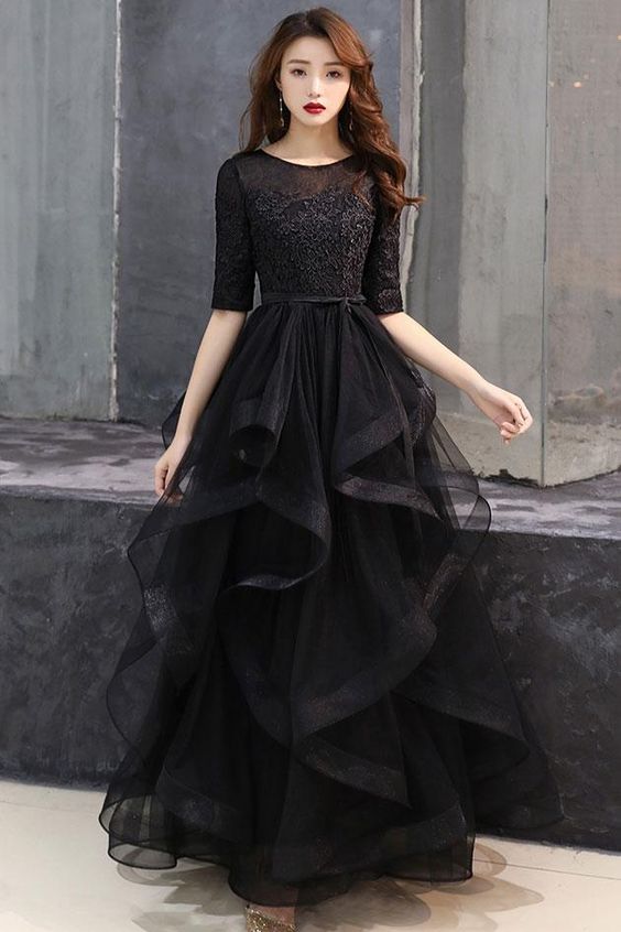 Black Round Neck Tulle Lace Long Prom Dress, Black Formal Dres on Luulla