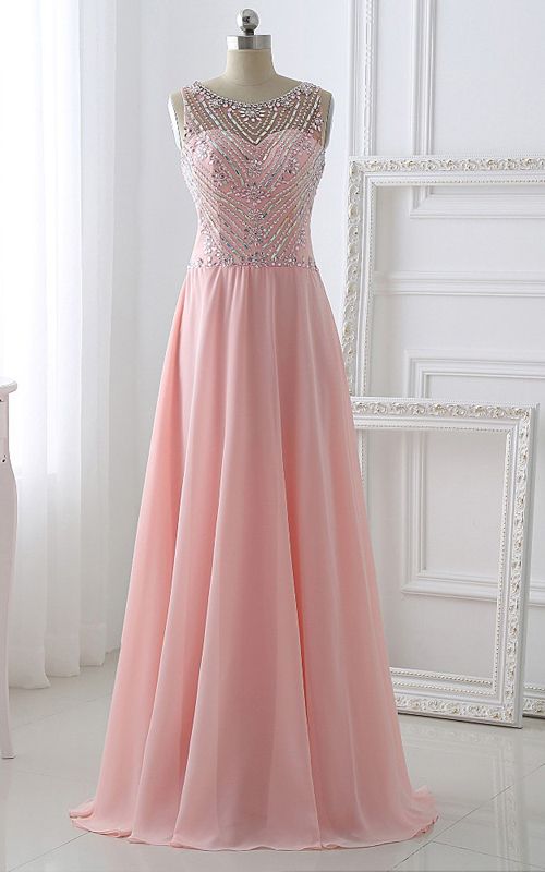 Elegant A Line One Shoulder Beaded Pink Chiffon Long Sweep Prom Dress