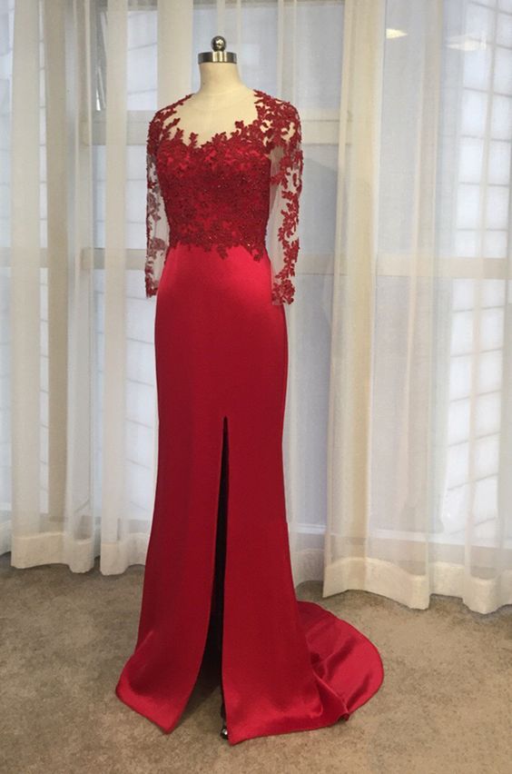 Beautiful Red Satin And Lace Applique Long Sleeves Formal Prom Dress on ...