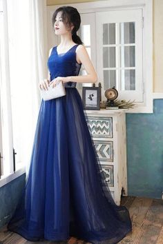Blue V Neck Tulle Lace Long Prom Dress on Luulla