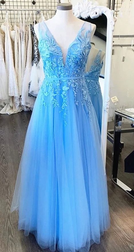 A Line V Neck Sky Blue Long Prom Evening Dresses With Appliques On Luulla