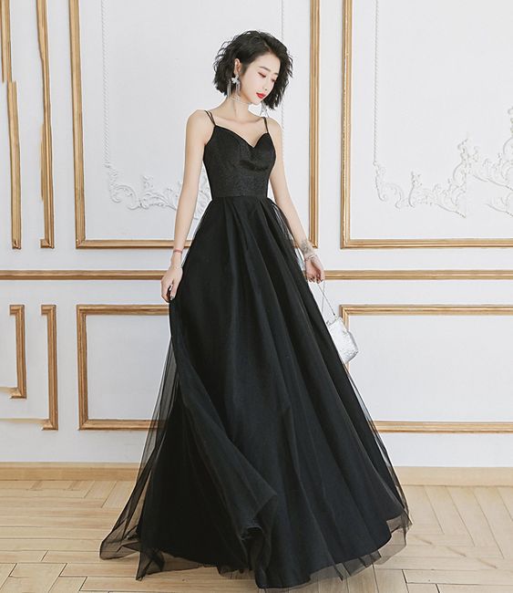 Black tulle beads long prom dress A line evening dress s58