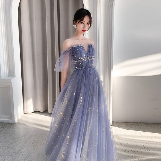 Stylish Blue Tulle Long Prom Dress, Blue Evening Dress on Luulla