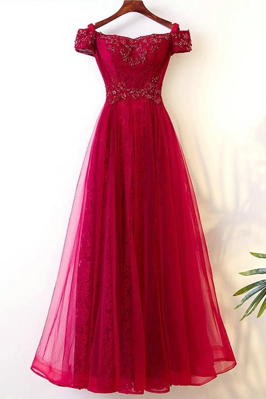 Off Shoulder Lace Beaded Prom Dresses,A Line Tulle Graduation Dresses