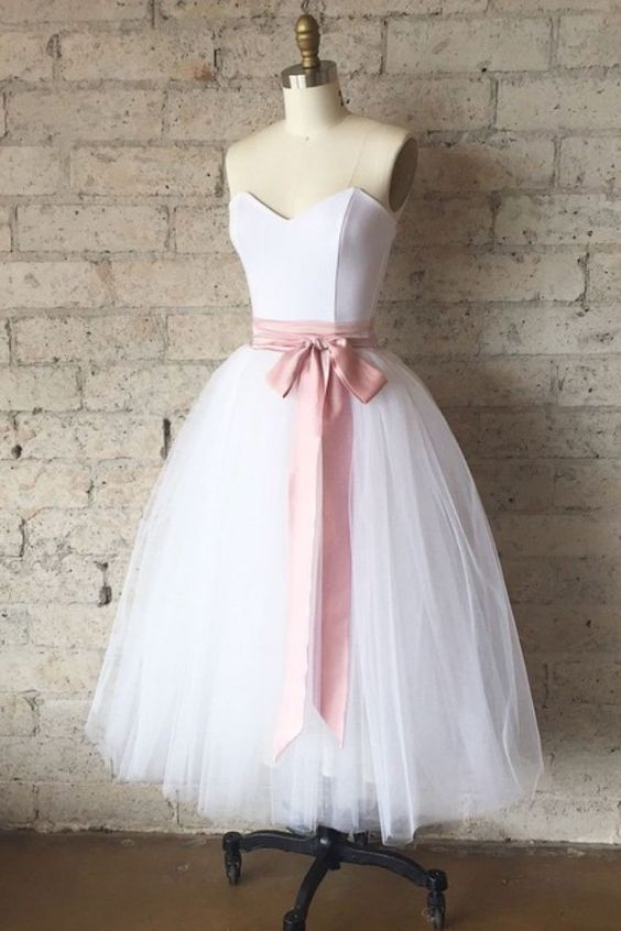 Simple White Tulle Tea Length Prom Dress, White Bridesmaid Dress on Luulla