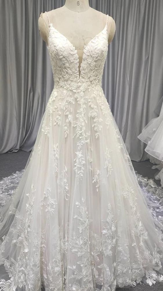 Spaghetti Long Lace Wedding Dresses, Romantic Wedding Dresses A-line ...