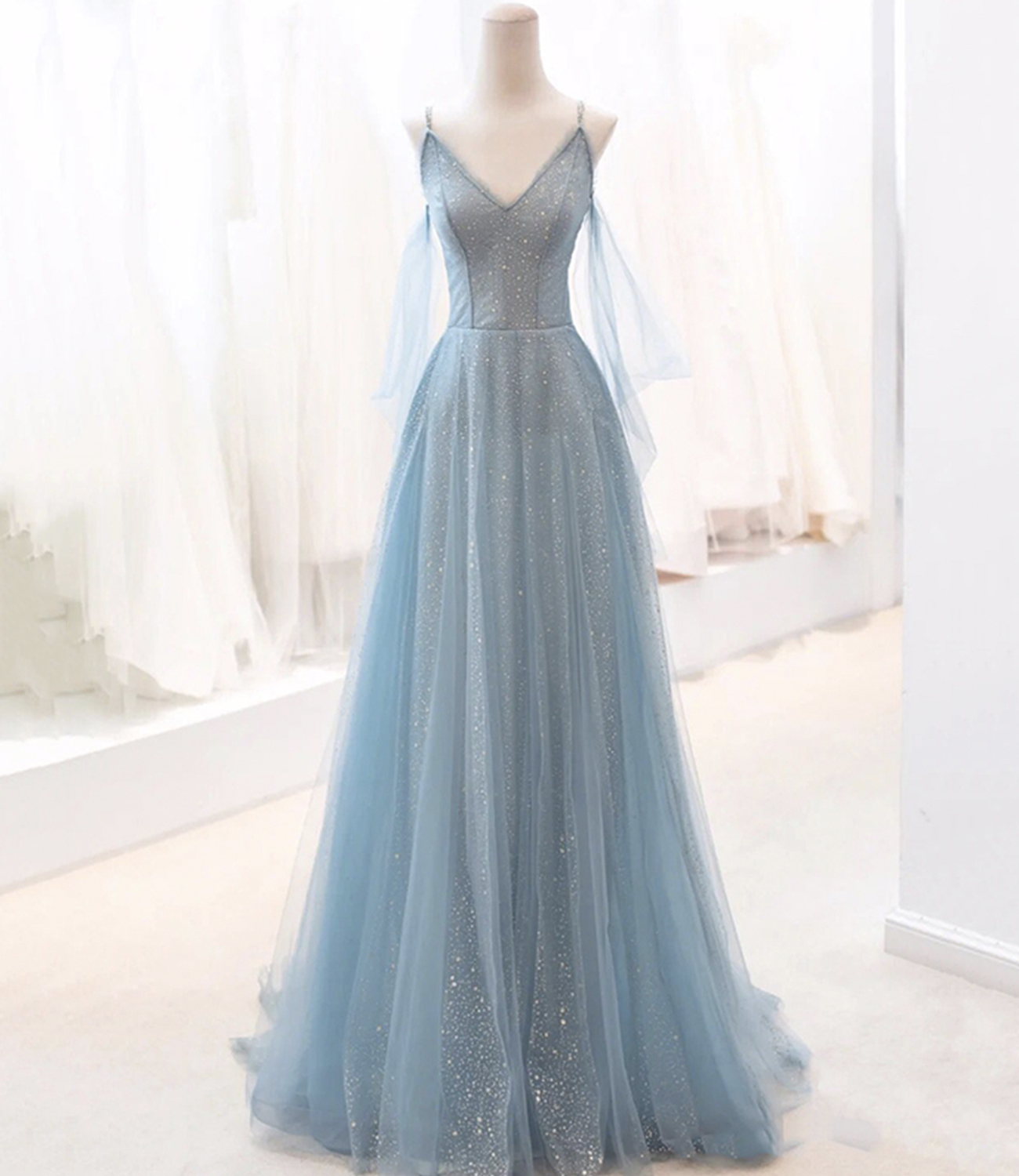 Charming Blue Tulle V Neck Long A Line Prom Dress 630 on Luulla