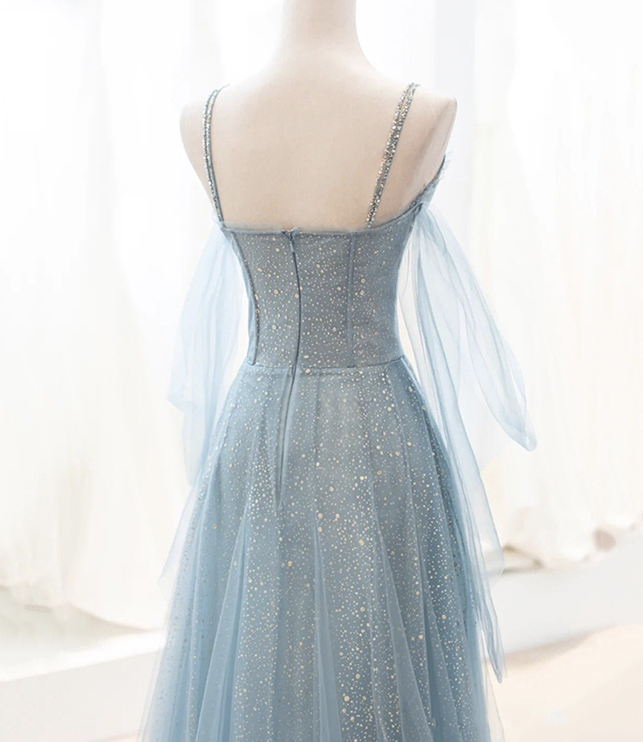 Charming Blue Tulle Long A-line Prom Dress, Handmade Formal Gown