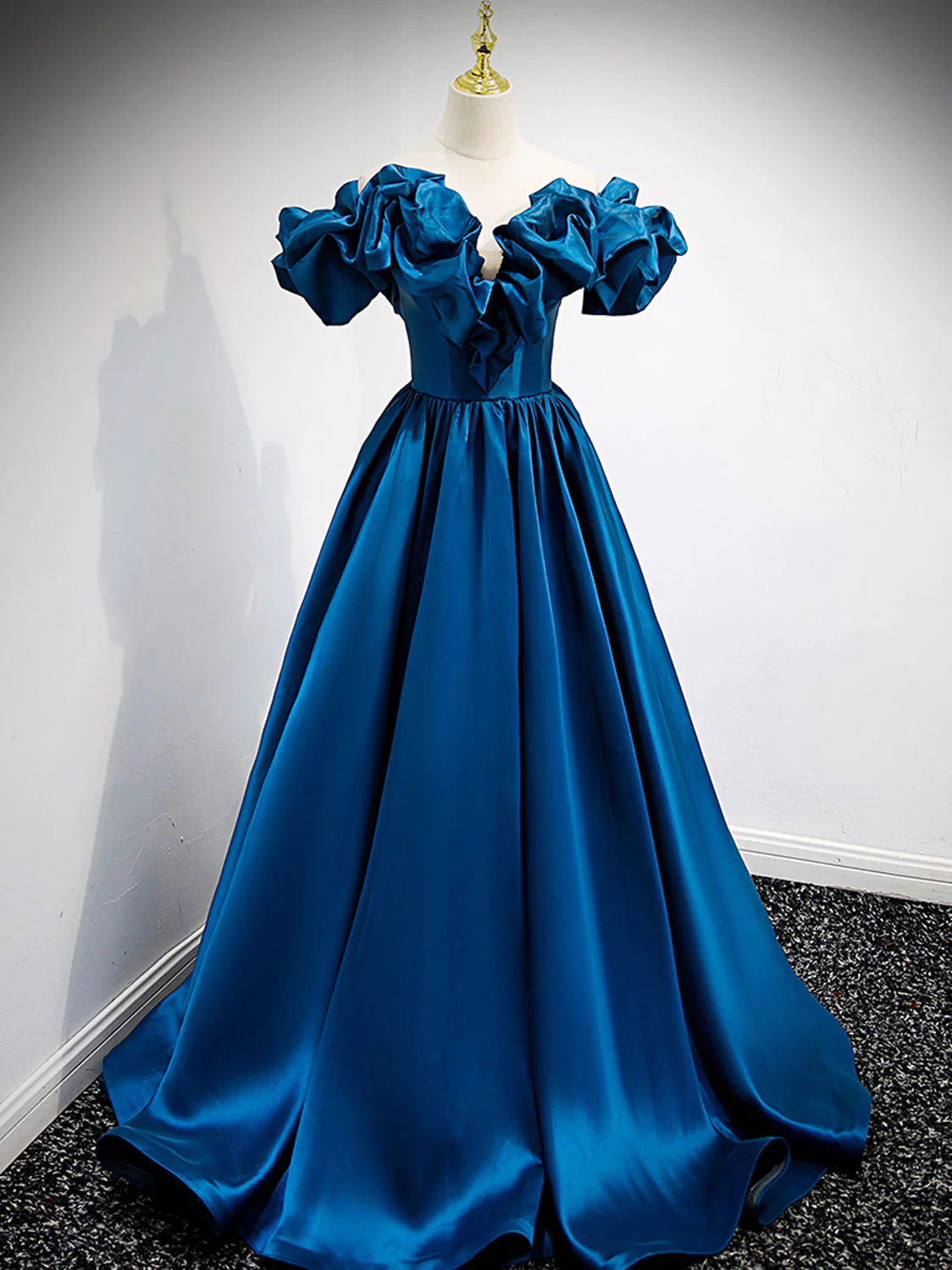 Off The Shoulder A-Line Satin Navy Blue Long Prom Dress Evening Dress ...