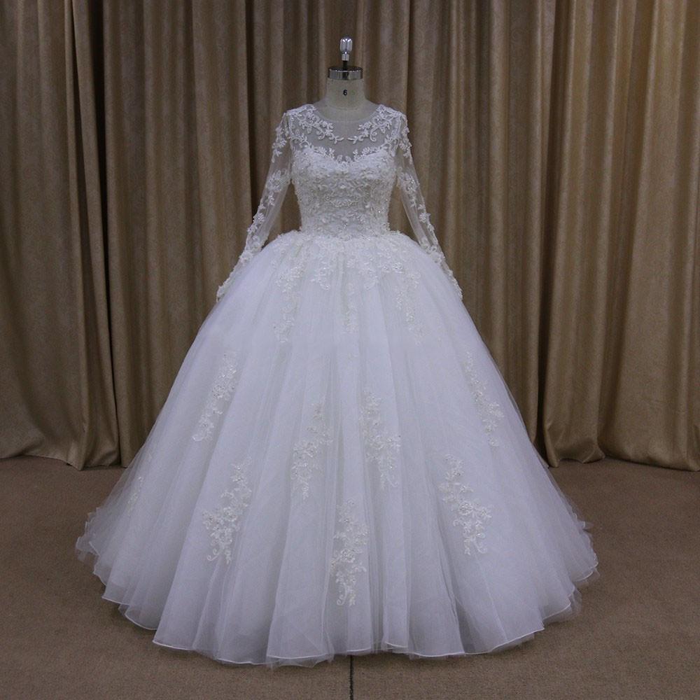 Sheer Long Sleeves White Organza Ball Gown Wedding Dresses Lace ...